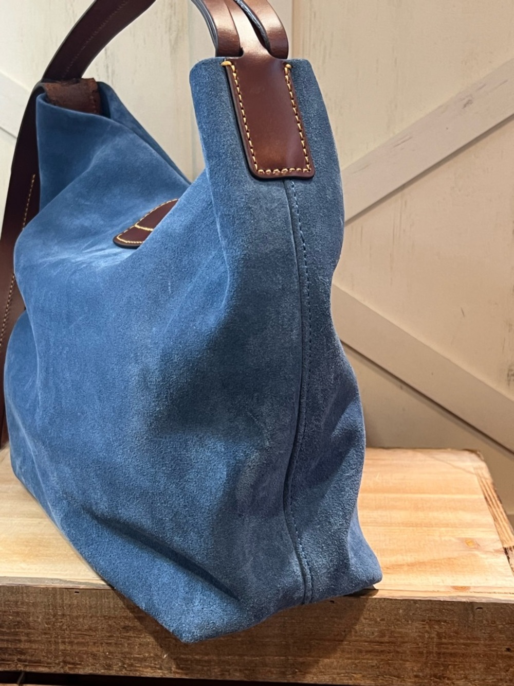Dooney & Bourke Blue Suede Slouchy Hobo Shoulder Bag Leather Accents - Picture 5 of 13